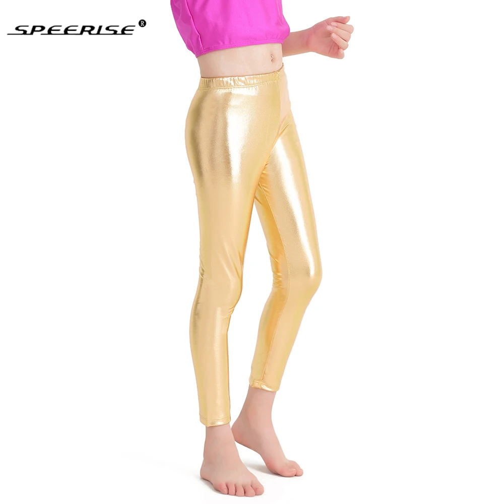 Speerise crianças tornozelo-comprimento calças de ouro meninas brilhante metálico elastano dança ballet prata leggings frete grátis