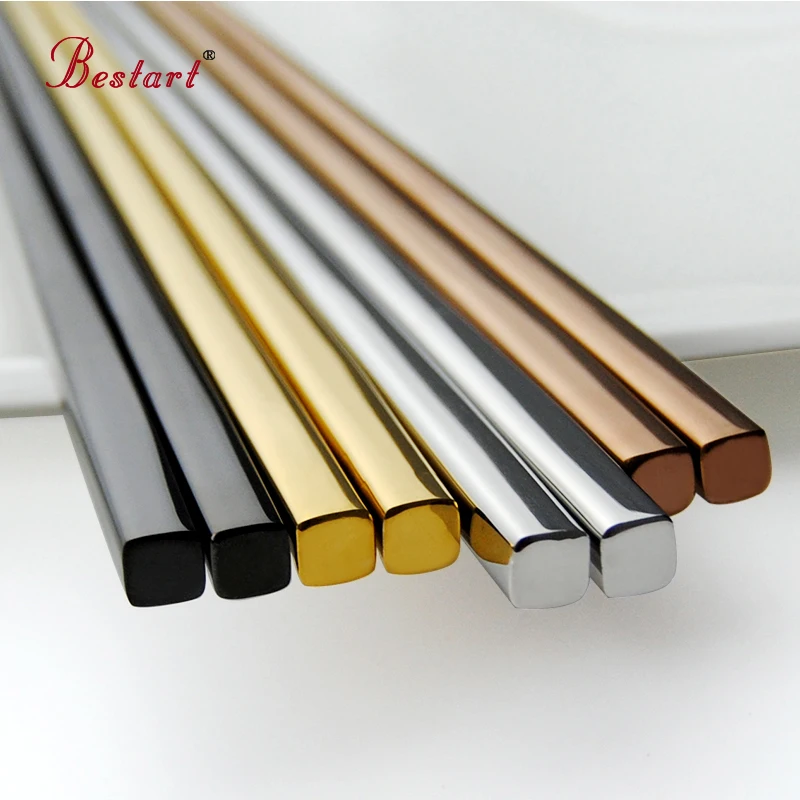 Hot Chinese Chopsticks Metal Gold Stainless Steel Square Stick Sushi Chinese Noodle Chop Sticks Long Baguette Cool Eating Tool