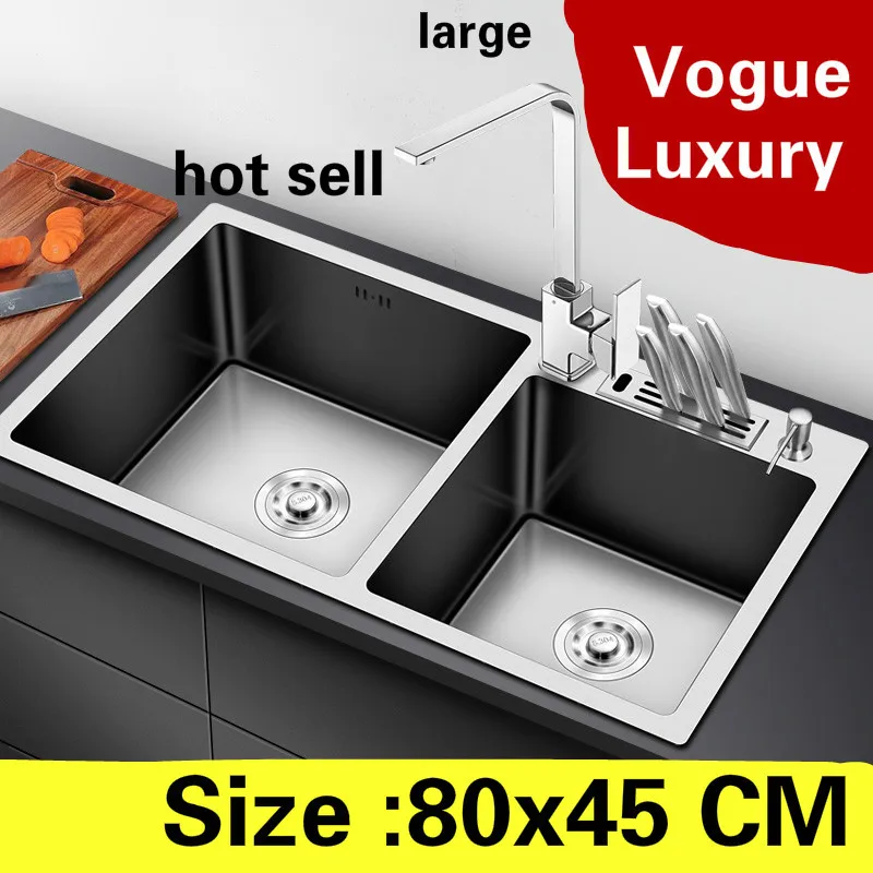 

Free shipping Apartment big kitchen manual sink double groove high quality do the dishes 304 stainless steel hot sell 800x450 MM