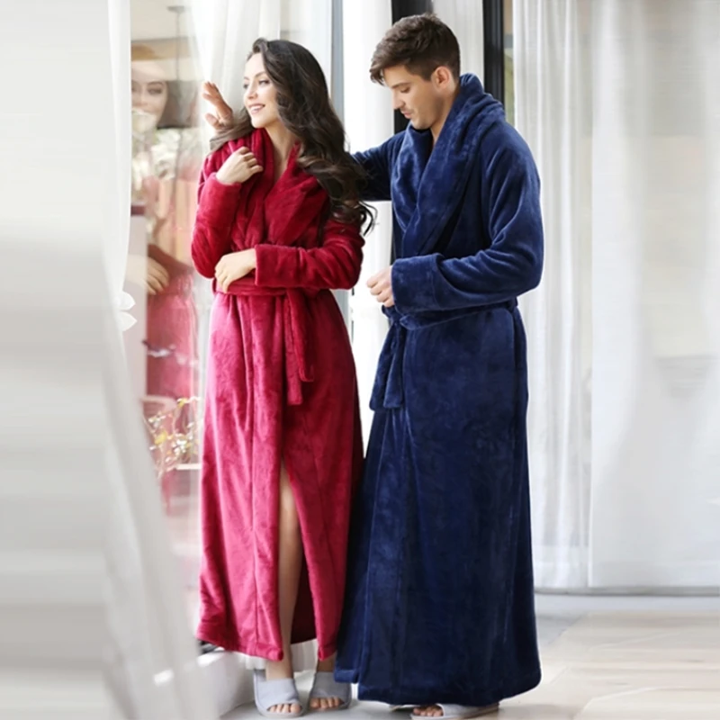 Women and Men Ultra Long Thick Coral Fleece Flannel Full Length Plus Size Bathrobe Robes Sleepwear Loungewear Nightgown