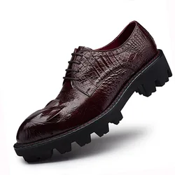 Sipriks Thick Rubber Sole Dress Shoes Men Elevator Shoes Genuine Leather Red Brown Mens Derby Shoes Crocodile Height Increase 44