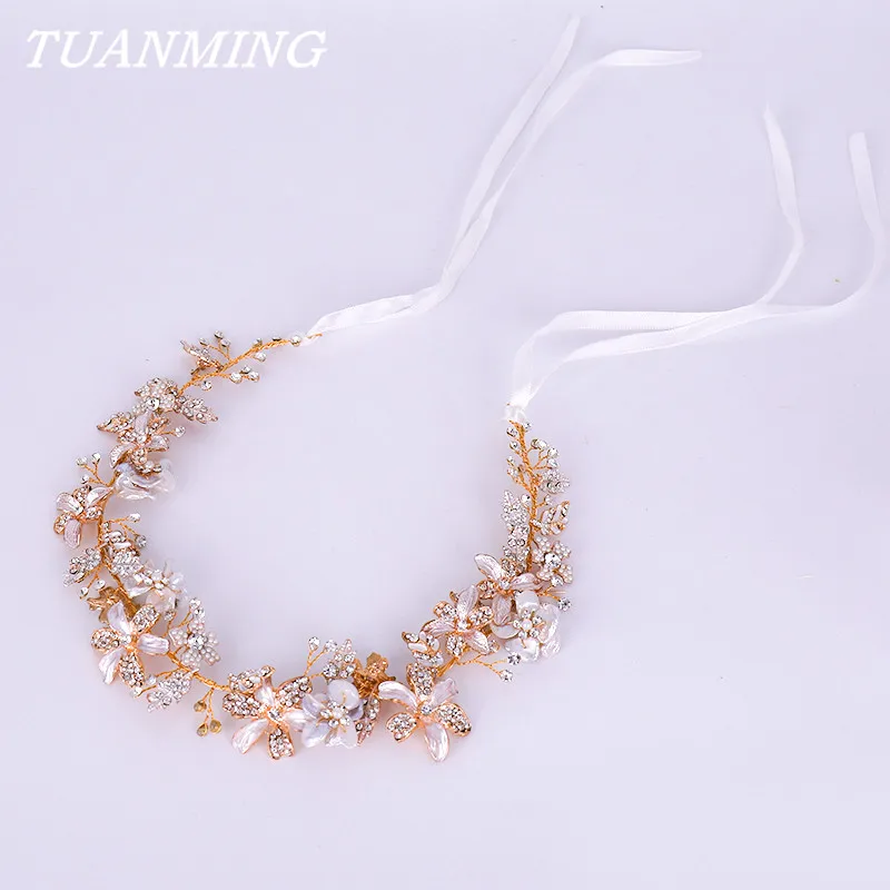 Rhinestone and Pearl Flower Bride Headband Wedding Headdress Golden Wedding Hair Band Accessories Princess Bridal Tiara Headband