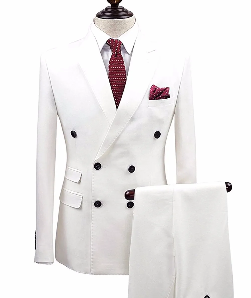 2 Pieces White Double Breasted Solid 2-Piece Slim Fit Mens Suit Notch Lapel One Button Tuxedo Jacket Pants Set ( Blazer+Pant)