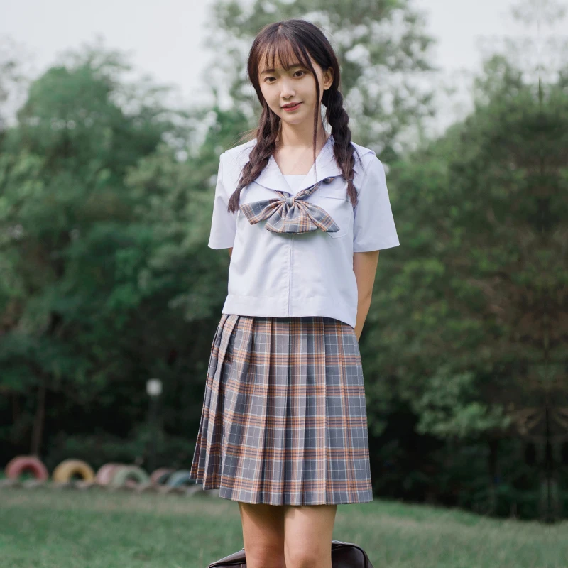 Traje escolar de manga comprida coreano, fantasia de estudante, camisa de uniforme escolar japonês + skir xadrez para meninas