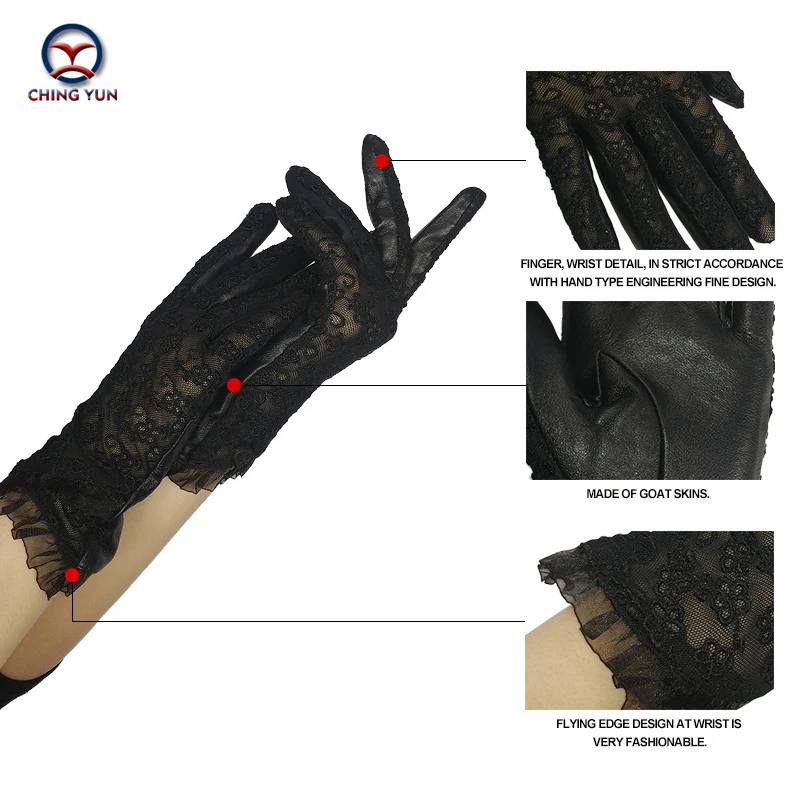 CHING YUN Women Lace Gloves 2019 New Spring Woman Ultra-thin Gloves Leather Solid Women\'s Fashion Soft Sheepskin Ladies Gloves