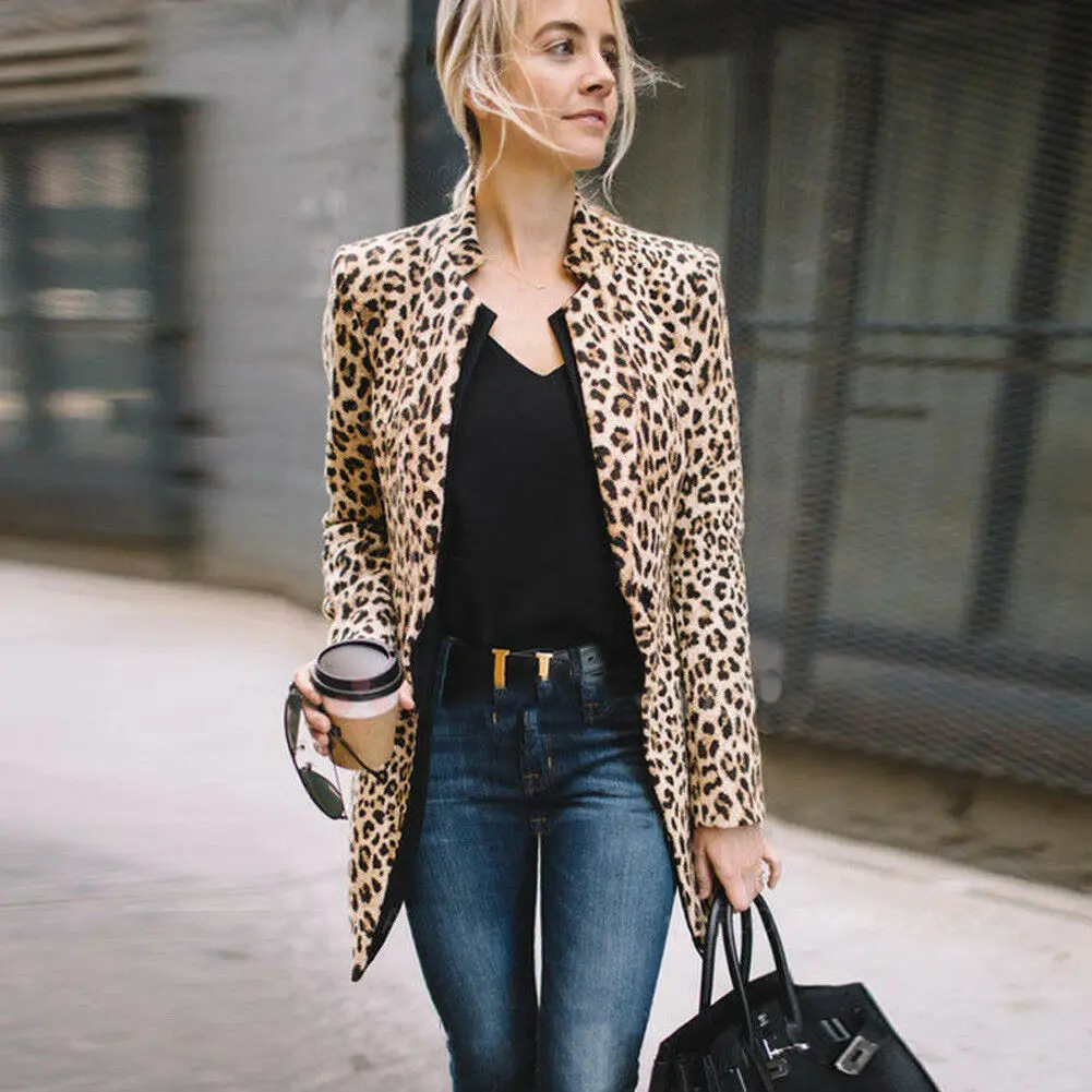 Hot Sale Leopard Women Casual Long Sleeve Blazer Leopard Print Slim Cardigan Suit Blazer Jacket Coat Outwear