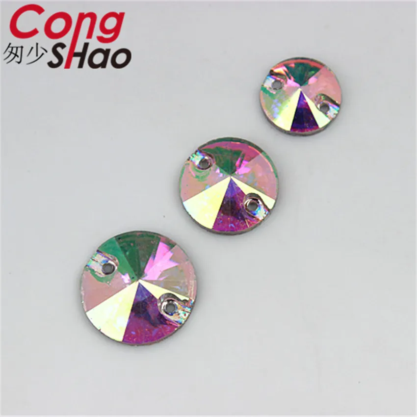 Cong Shao 10/12/14mm Crystal AB / Clear AB Flat Back Round Resin Rhinestone Trim Sew On Stones 2 Hole DIY Wedding Dress YB300