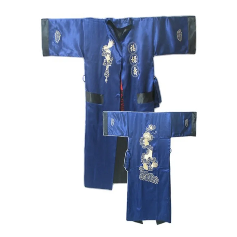 Xanh Đen Đảo Chiều Nam Trung Quốc Thêu Kimono Satin Lụa 2 Mặt Áo Tắm Váy Rồng Một Kích Thước S3002