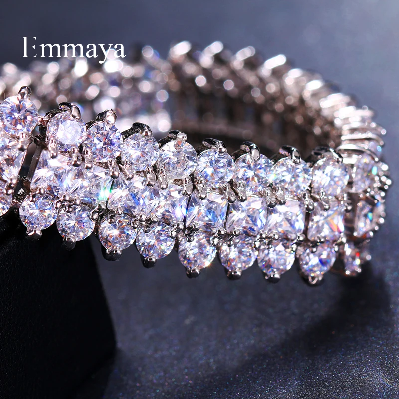 Emmaya Luxury Crystal 3 Rows Bracelet Zircon Silver Color Bangles For Women Pulseiras Bijoux Femme Bridal Wedding Jewelry