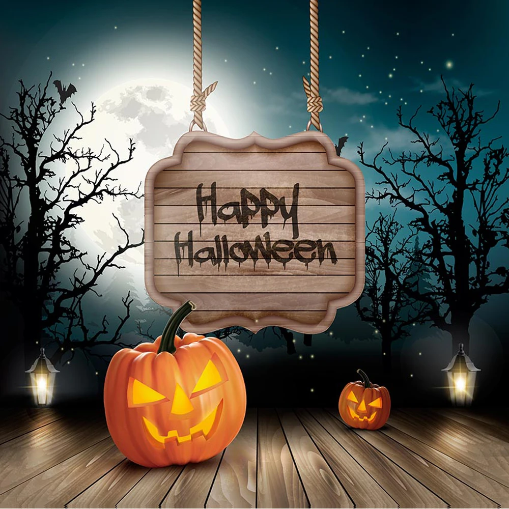 

Happy Halloween Background Wood Floor Printed Full Moon Night Glowing Firefly Trees Pumpkin Lanterns Kids Photography Backdrops