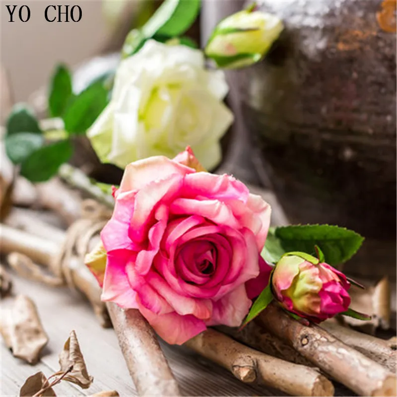 YO CHO Artesanato Peony Artificial Flowers Leaf Rose Silk Flower DIY Bridal Wedding Bouquet Roses Christmas Decorations For Home