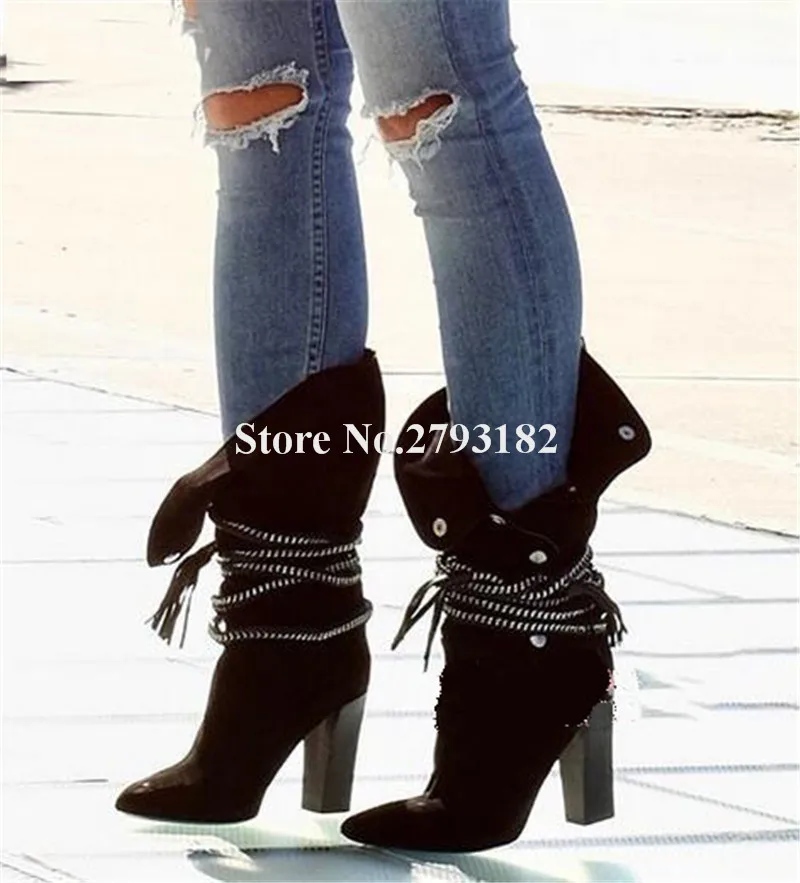 

Women Fashion Style Pointed Toe Suede Leather Chunky Heel Short Boots Lace-up Rope Buckle Thick High Heel Boots Casual Boots