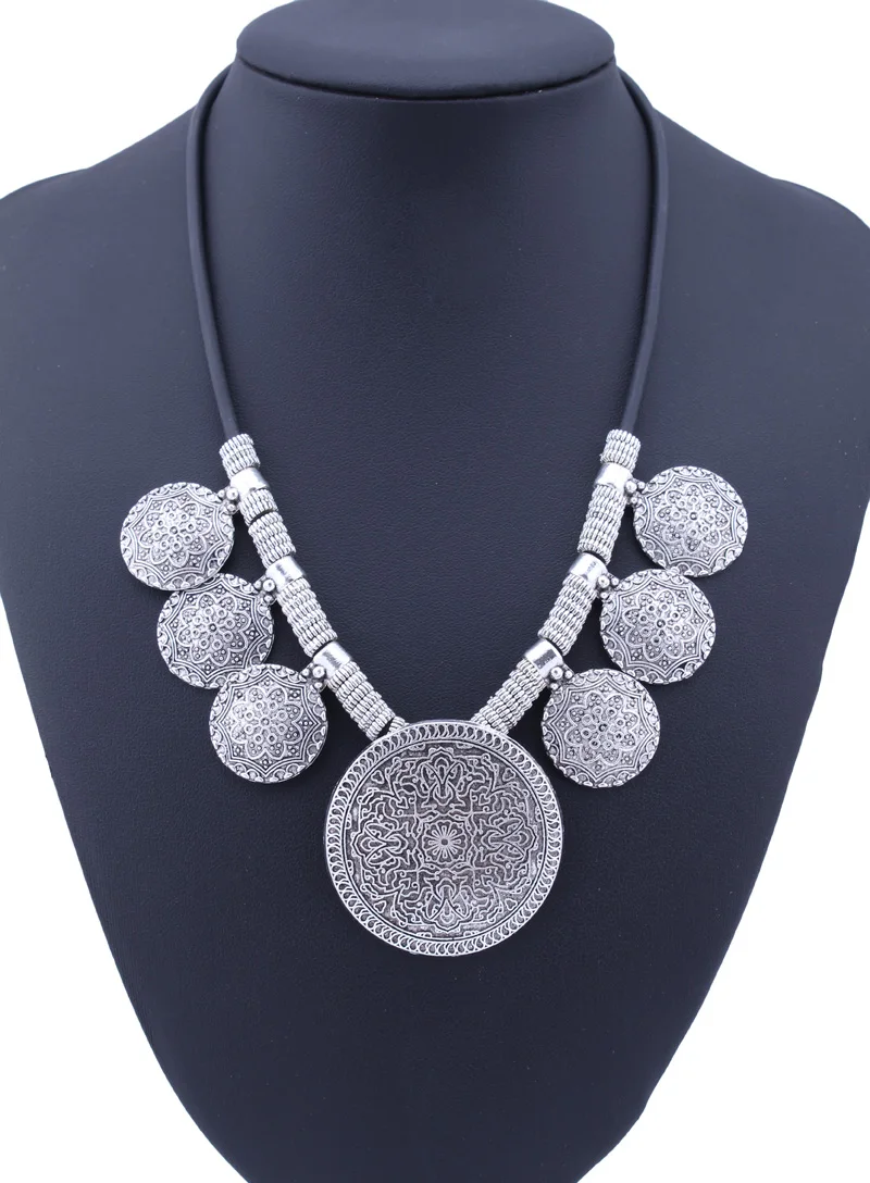 Statement Ethnic Vintage Tibetan Silver Color Necklaces Coin Carved Flowers Round Tassels Pendants Necklaces For Women