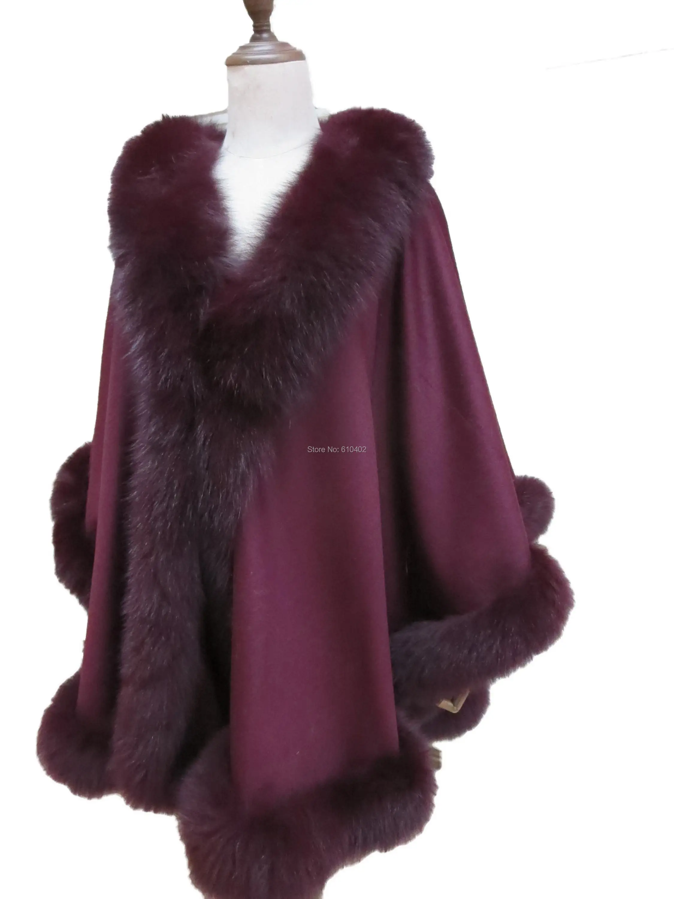 Real Cashmere Cape Coat  Best Fox fur Trim Poncho Oversize Fit all size Wine red