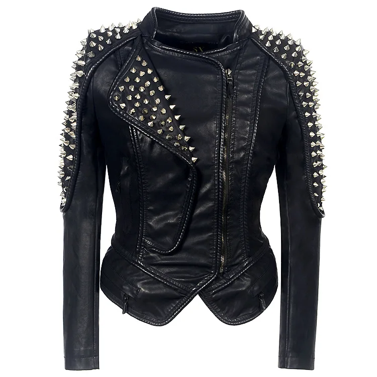 Women Leather Jacket New Spikes Stars Slim Metal Silver Rivet Metallic PU Punk Biker Coats SX01