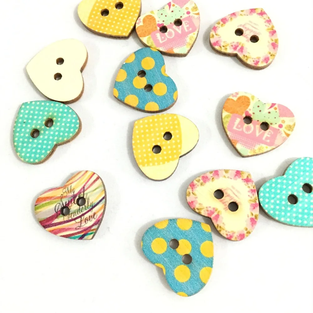 50 Pcs / Lot Mixed Multi Color Heart-Shaped Wood Buttons 2 Holes Fabrics Wooden Buttons DIY  7NK217