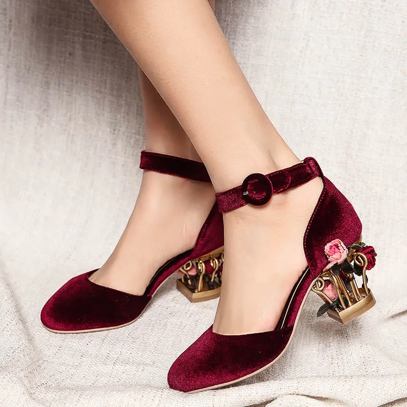 Pink Velvet Women Round Toe Pumps Gladiator Ankle Strap 7cm Cages Chunky High Heels Wine Red Wedding Shoes Black Office Pumps