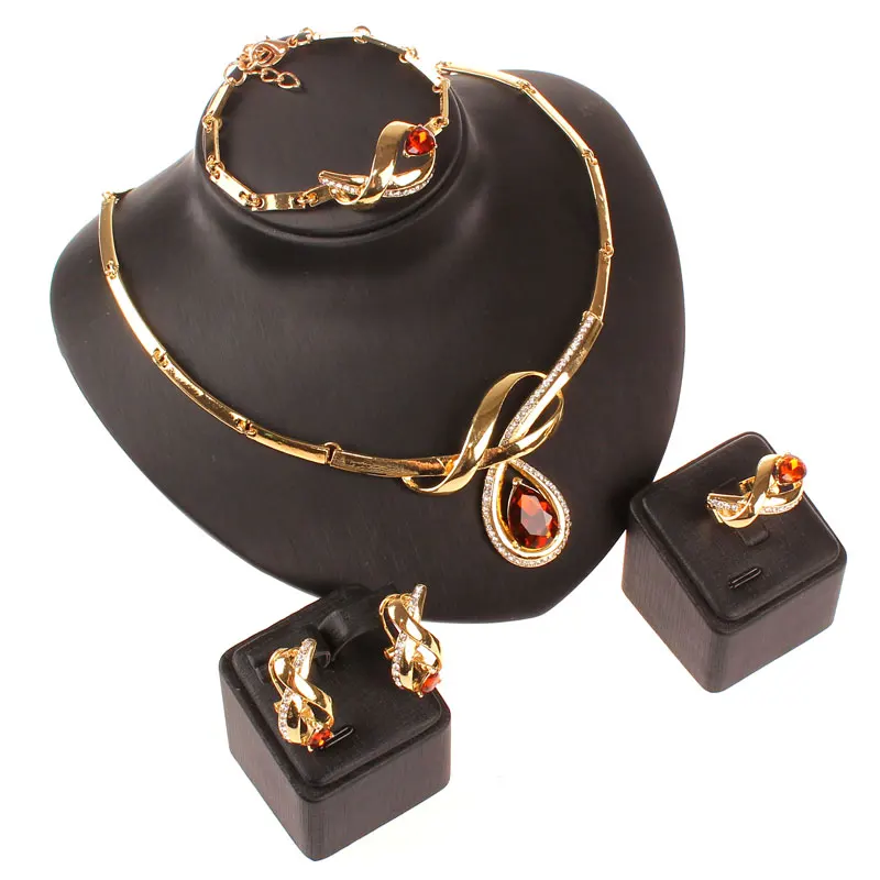 African Beads Fine Jewelry Set  Gold Color 3 Colors Clear Austrian Crystal Women Wedding Necklace Bracelet Earring Ring