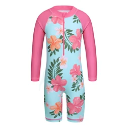 BAOHULU Cyan Floral Langarm Mädchen Bademode Einem Stück Kinder Schwimmen Anzüge UPF50 + Badeanzug Kinder 4-11 Jahre rash Guards