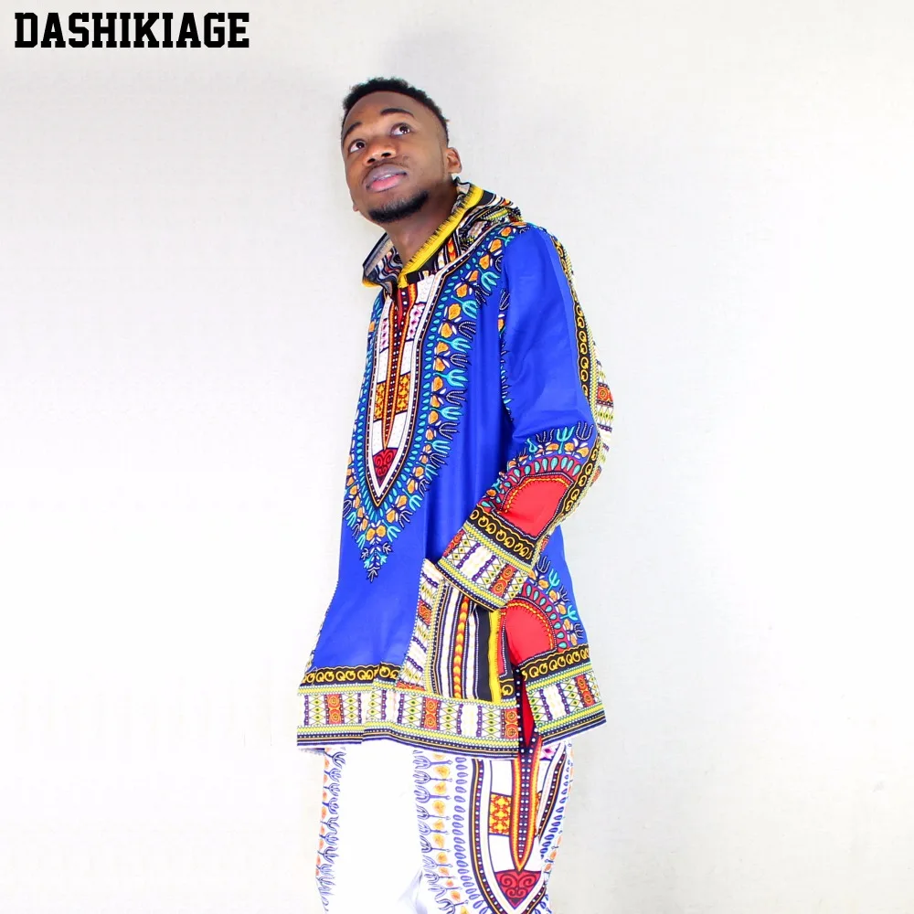 

Dashikiage натуральный хлопок африканская рабашка-Дашики с капюшоном рубашка хиппи бохо кафтан блузка синий топ унисекс Халат