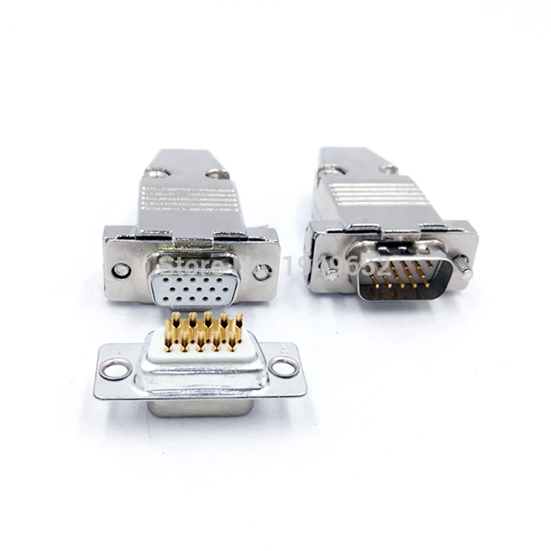 1Pc DB15 VGA Plug D type connector  metal case golden plated brass contactor 3 row 15pin port socket female Male adapter DP15