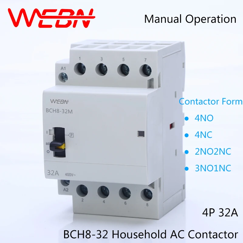 BCH8-32 Series 4P 32A Manual Operation AC Household Contactor 230V/250V 50/60Hz Contact 4NO/2NO2NC/3NO1NC/4NC Din Rail Contactor