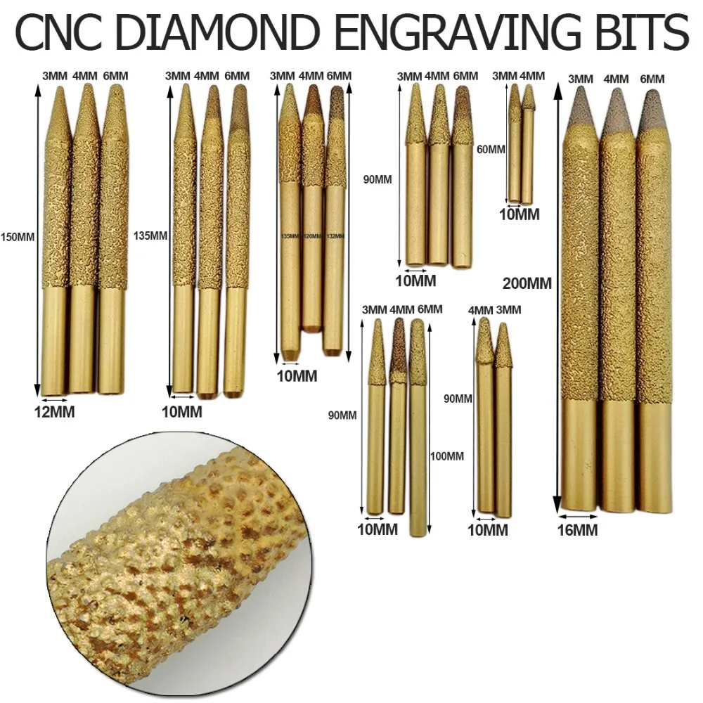 DIATOOL 2PK Vacuum Brazed Diamond Carving Bits, CNC Engraving Bits For Stone(10-3/30mm) Cone Type, Diamond Burrs