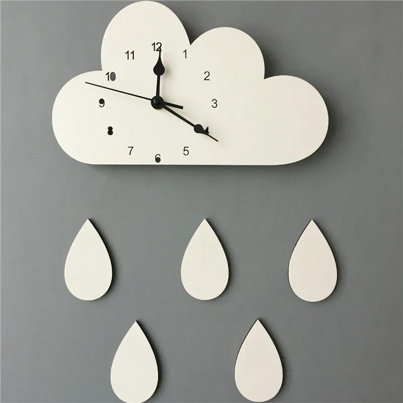 Nordic Wooden Cloud Raindrop Shaped Wall Clock Kids Room Decor Baby Gender Neutral Wall Clock Nursery Baby Best Gifts 28*16cm