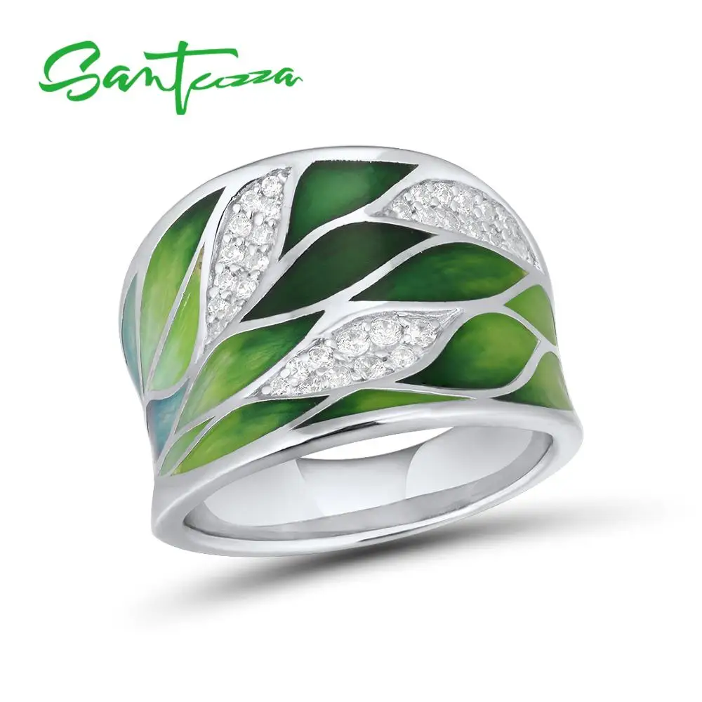 SANTUZZA 925 Silver Jewelry Set For Women Green Bamboo Leaves Dazzling Earrings Ring Set Elegant Fine Jewelry Handmade Enamel