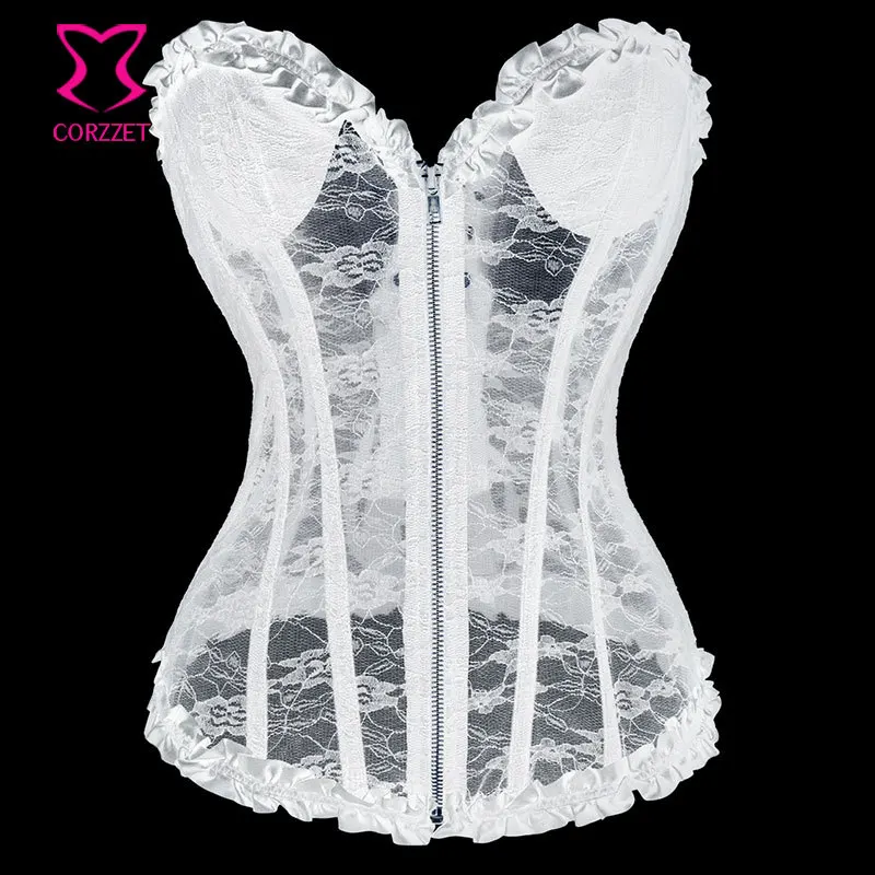 

Corzzet Transparens Lace Zipper Sexy Lingeier Corset Top Padded Cup Body Shaper Overbust Women Bridal Corsets