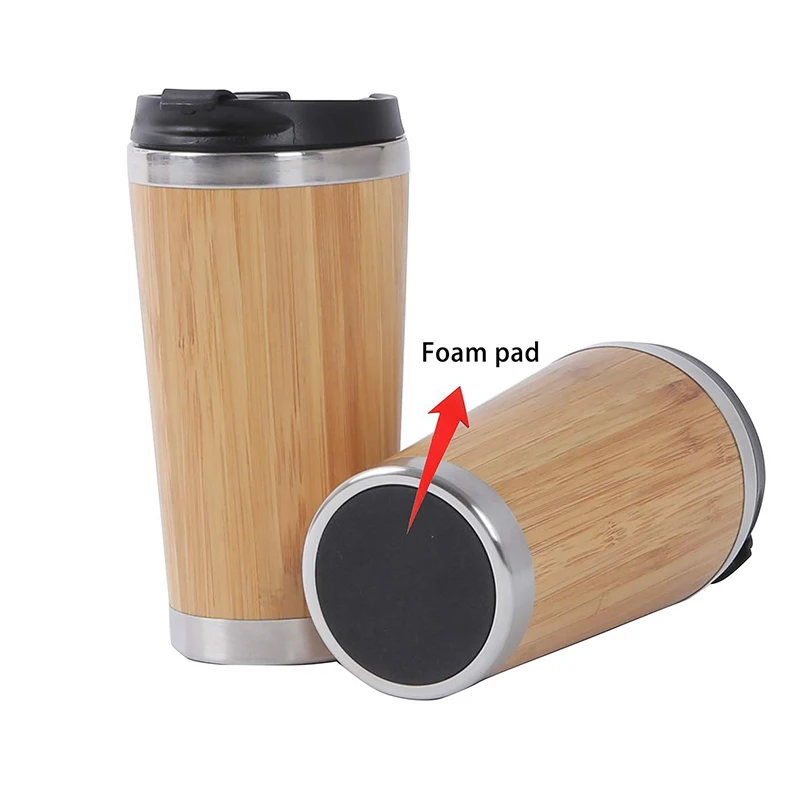 UPORS 450ml Bamboo Coffee Cup Stainless Steel Coffee Mug with Leak Proof Lid Travel Reusable Wooden Mug Insulated Coffee Tumbler