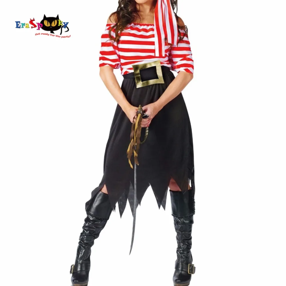 Traje cosplay pirata para mulheres, traje de menina, trajes de Halloween, manga curta, vestido de festa listrado, saias de senhora