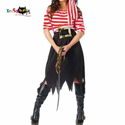 Women Pirate Costume Girl Crew Costume Halloween Costumes Pirate Cosplay Short Sleeve Striped Party Dress Skirts for Lady