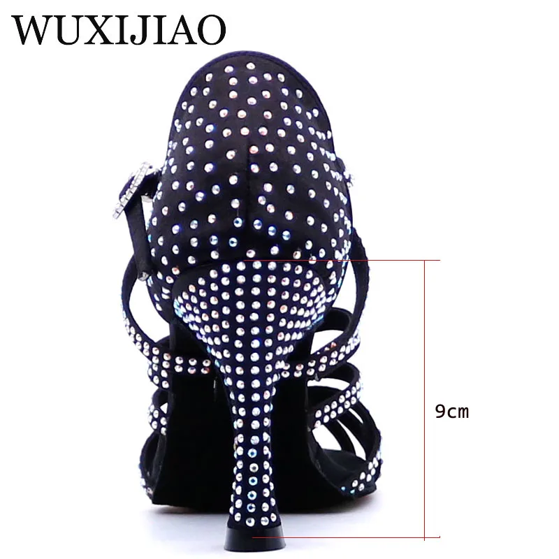 WUXIJIAO New Glitter Rhinestone Latin Dance Shoes Women Satin Salsa Dancing Shoes For Woman Tango Ballroom Shoes For Dacne