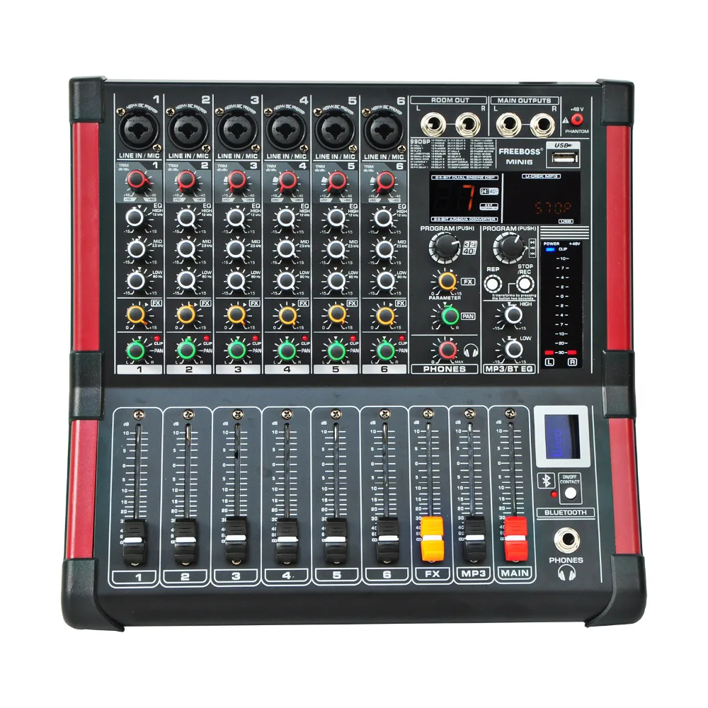 Freeboss MINI6บลูทูธบันทึก6ช่อง (Mono) 99 DSP USB ฟังก์ชั่น Professional Audio Mixer