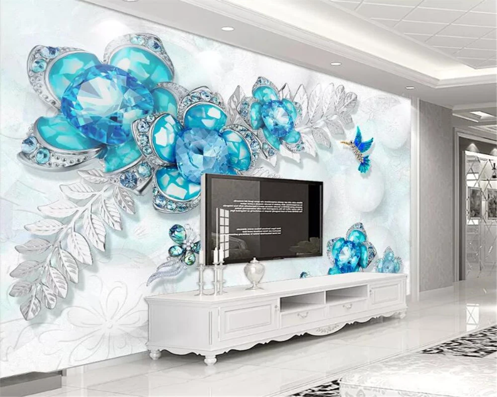 beibehang photo 3D Mural Wall paper European Style Sapphire jewelry flower butterfly Backdrop Decor Mural Modern 3d wallpaper