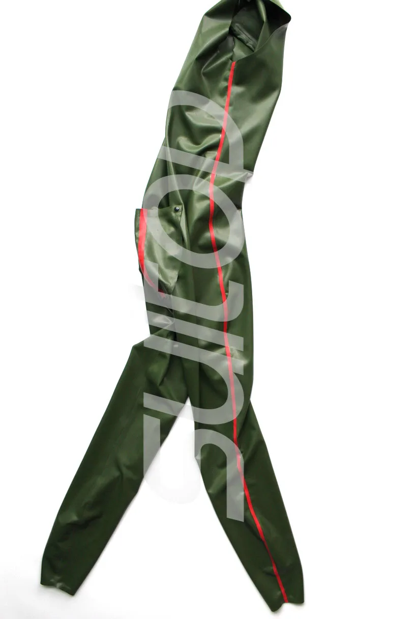 New hot sell latex catsuit in army green and red rubber with back zip sleeveless codpieces