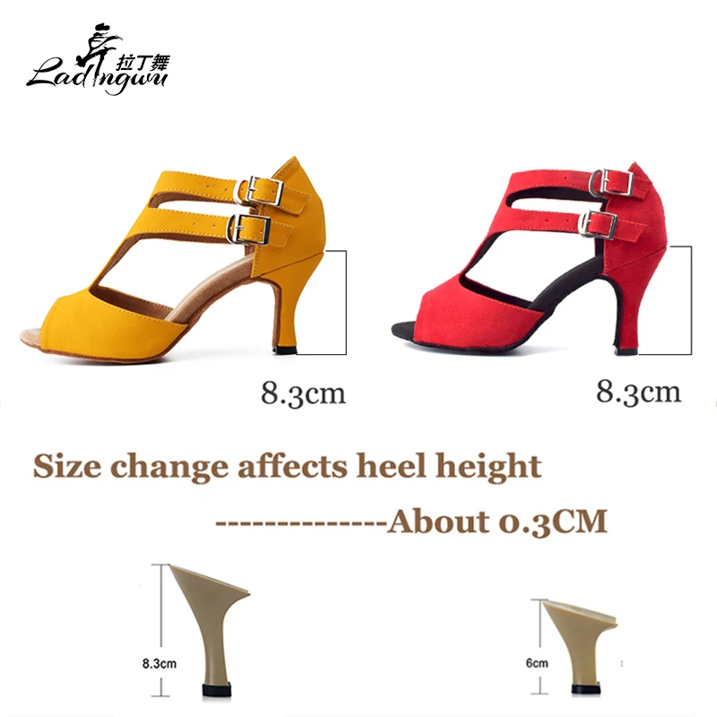 Ladingwu Red/Yellow Flannel Soft Bottom Latin Dance Shoes Tango Samba Salsa Dance Shoes Lady Heels 6cm/8.3cm Numbering Y-107