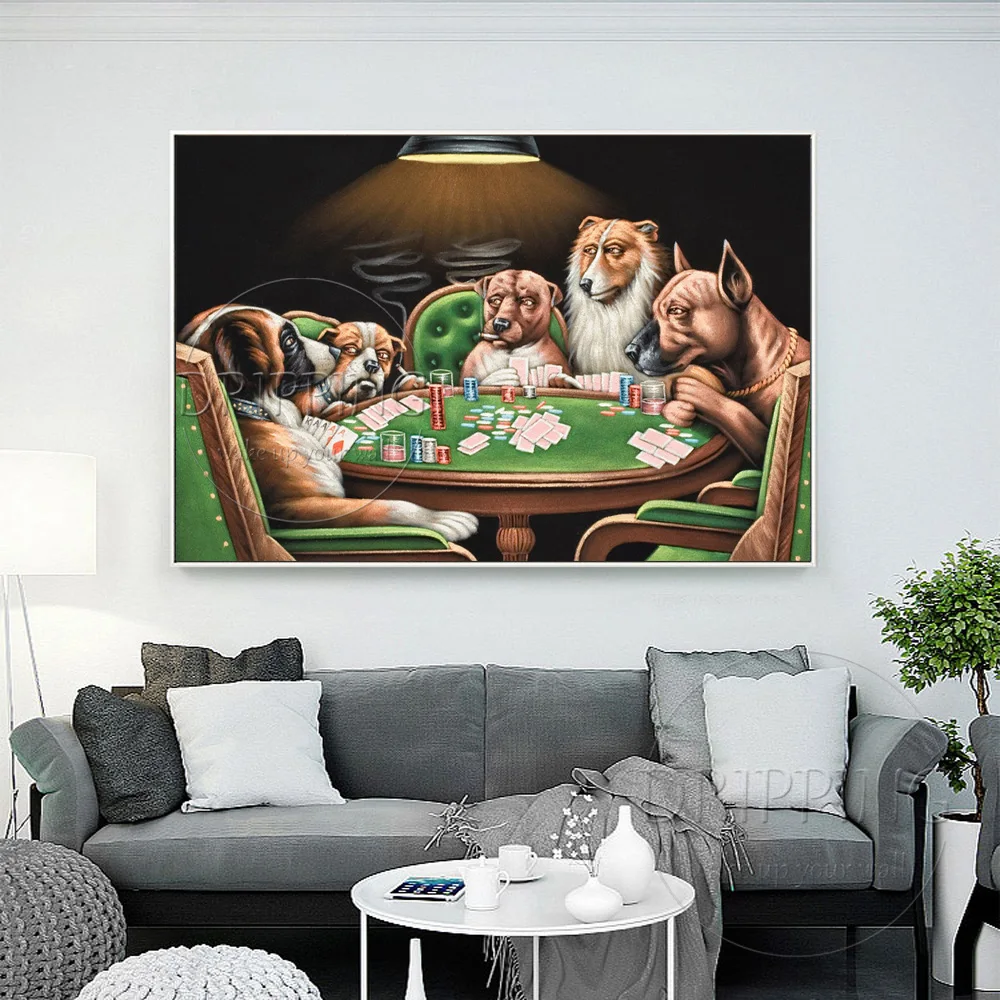 Unique Design Hand-painted Funny Animal Dogs Playing Poker Oil Painting on Canvas Handmade Wall Decor Dog Gambling Oil Painting