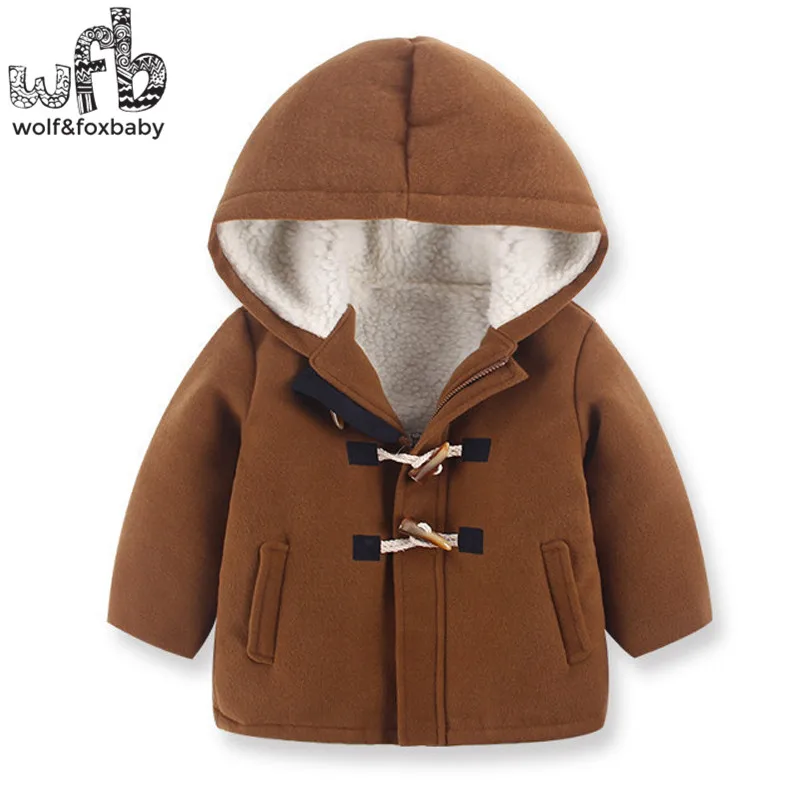 Retail 2-8 years coats Horn buttons Plus velvet full-sleeves brown color hooded kids children clothing spring autumn fall winter