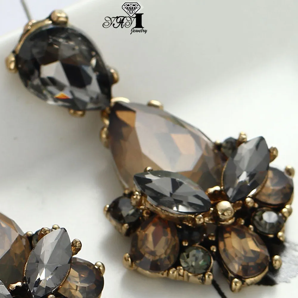 YaYi Jewelry New  Brown Glass Gray Rhinestone Dangle Crystal Earring Women\'s Fashion Ancient Gold Color Gem Earrings 1165