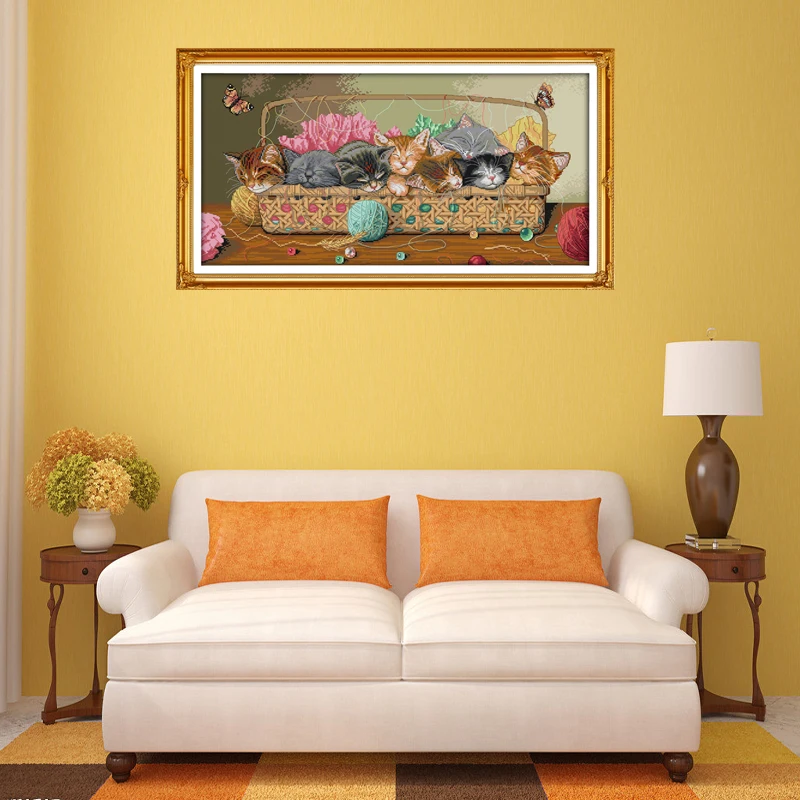 The Newborn kittens in the basket Counted Cross Stitch DIY 14CT and11CT For Embroidery Home Decor Needlework Cross-stitching Set