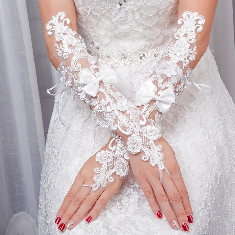 JaneVini White Long Fingerless Wedding Gloves With Pearls Bow Women Bridal Lace Aplique Wedding Glove Elbow Length Bride Gloves