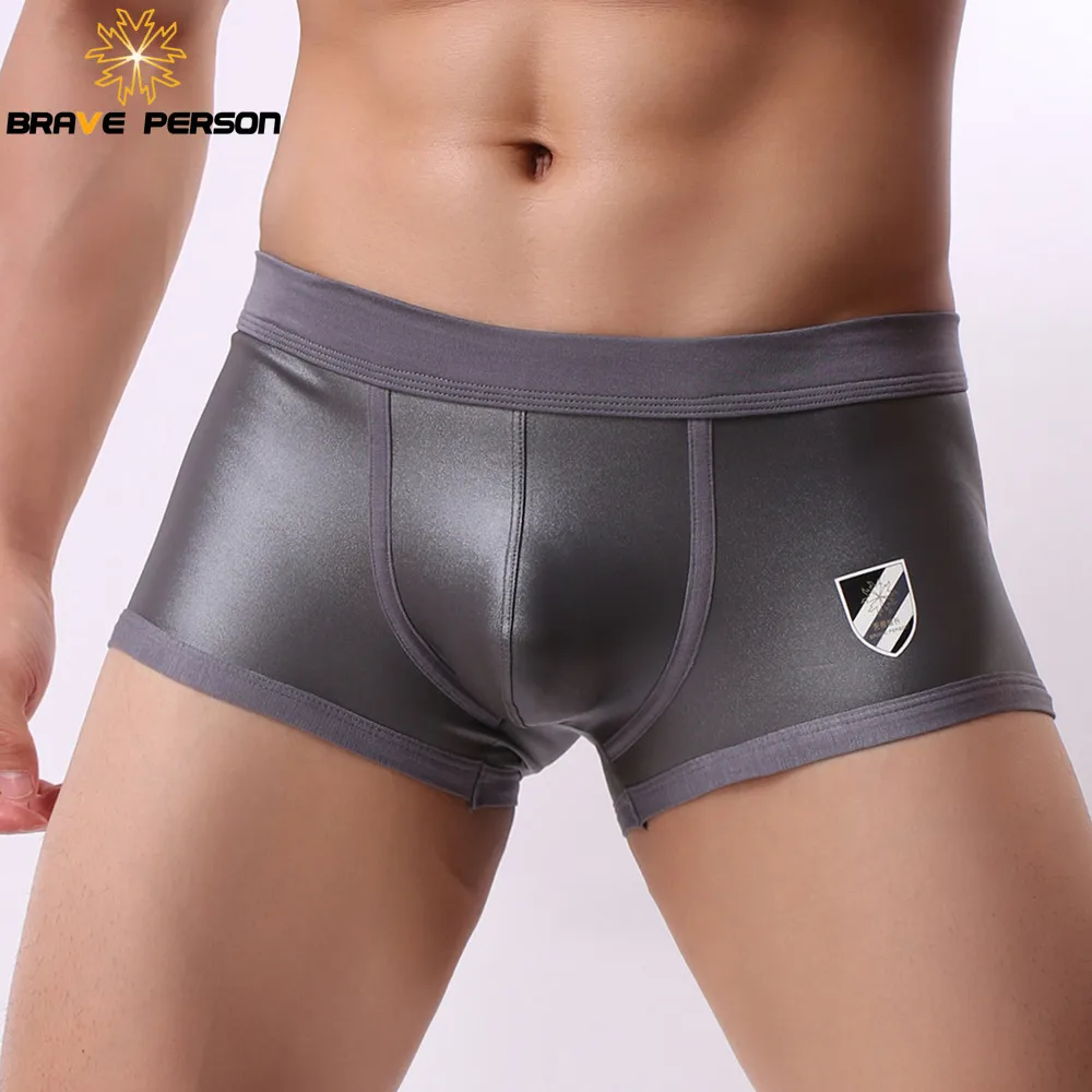 BRAVE PERSON Sexy Men Imitation Leather Boxers Shorts Underwear Men Underpants U Convex Pouch Boxer Shorts For Man