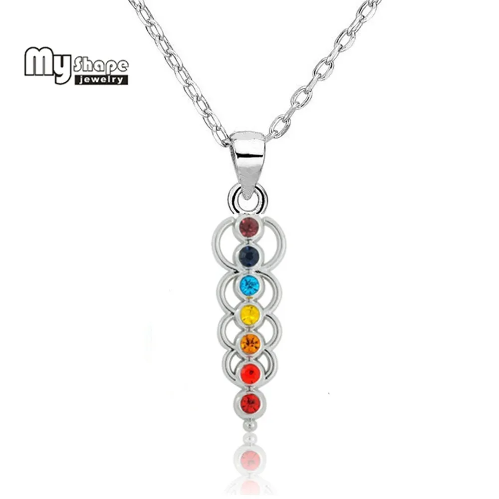 My shape 7 Color Crystal Pillar Chakra Pendant Necklace for Women Metal Zinc Alloy Rhinestones Necklaces Vintage Jewelry Amulet