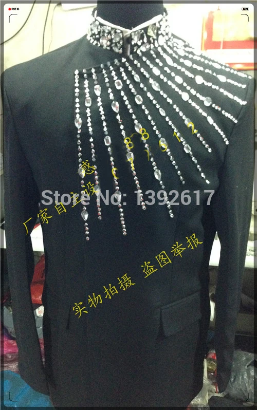 Free ship black mens mandarin collar rhinestone beading handsewing tuxedo jacket /event/stage performance/dance/sing jacket