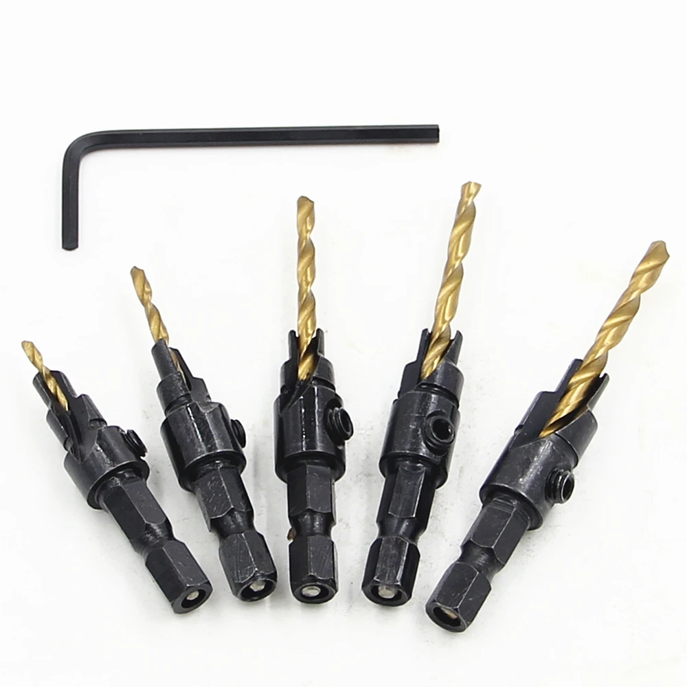 5Pcs HSS 1/4 Chuôi Lục Giác Countersunk Khoan Titan Tapper Dụng Cụ Chế Biến Gỗ Phi Công Kích Thước Lỗ #5 Số 6 8 Trong Số 10 #12 Với 1 Cờ Lê