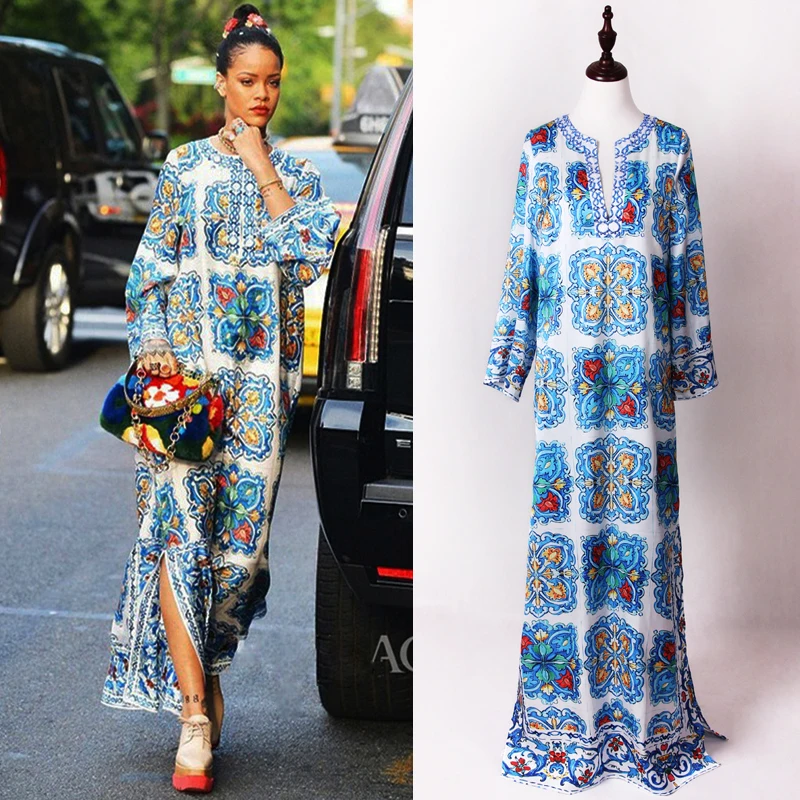 

S-4XL High Quality 2020 New Fashion Runway Blue And White Printing Hand-Beaded V-Neck Long-Sleeved Loose Hem Slit Dress Women