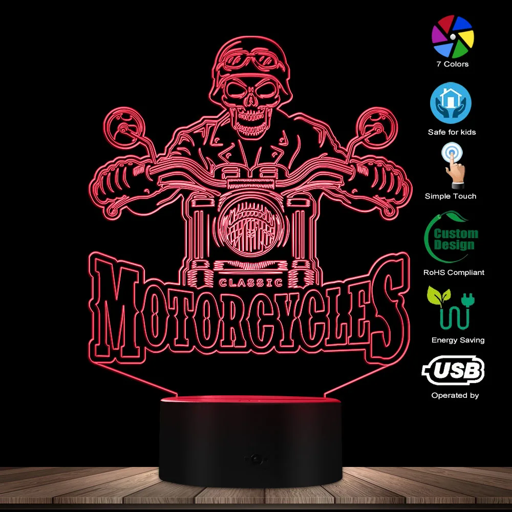 Motorcycles Skull Rider 3D Optical Illusion Lamp Gift For Motorcyclist Bike Riders Night Light Skull Biker Creative Visual Lamp