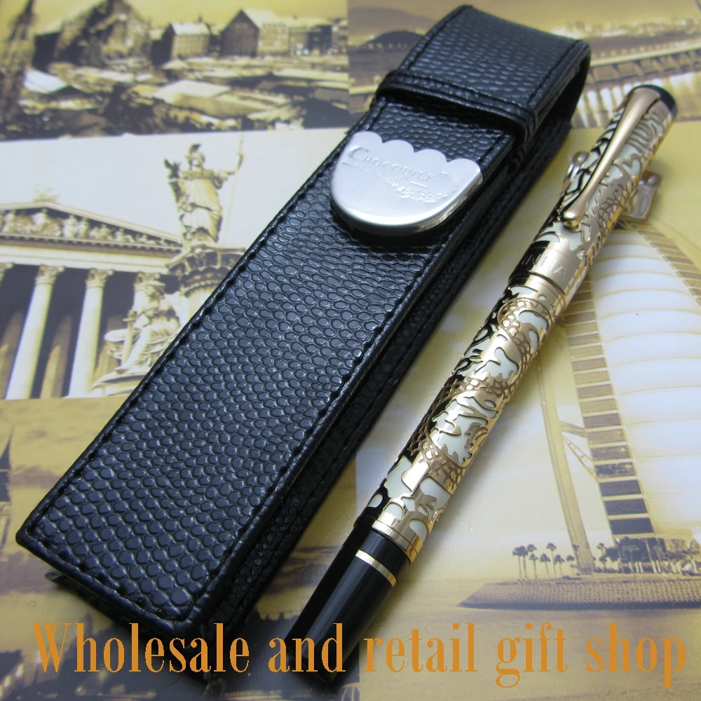 

Free shipping 0.7MM perfect Kim Ho celluloid pen engraved of Gold and white fountain Pen + pen bag